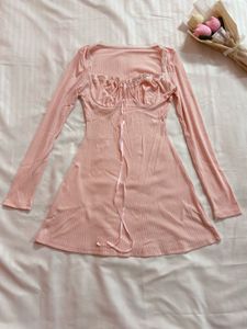 Pink Ribbed Lace Detail Mini Dress 🎀