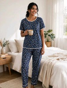 *Navy Blue Floral Print Cotton Night Suit for Wome