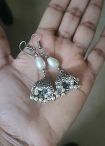 German silver jhumka earrings with faux pearls