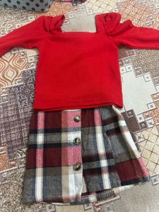 Red Cold Shoulder Top & Plaid Skirt Set