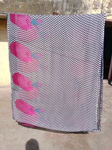 Black &amp; White Printed Saree with Pink Detail