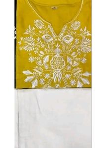 Embroidery Yellow Cotton Kurta Set with Palazzo Pa
