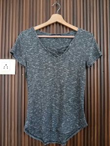 Marled Knit Lace-Up V-Neck Top