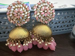 Stunning Pink &amp; Gold Jhumka Earrings
