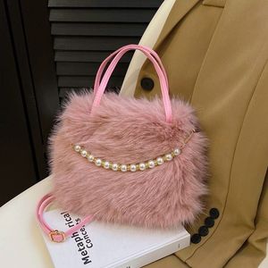 Pink Faux Fur Handbag with Pearls