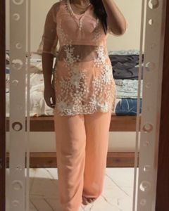 Peach Floral Embroidered  3 piece plazo Set