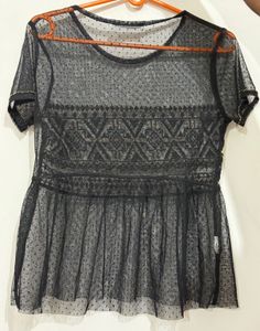 PROMOD Women Black Embroidered Semi-Sheer A-Line T