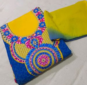 Blue Shirt Yellow Bottom Soft Duptta Pach Work