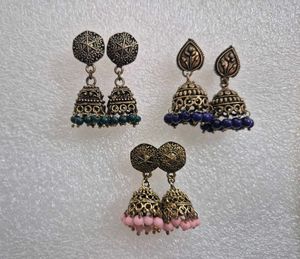 Set of 3 Oxidized Jhumka Earrings