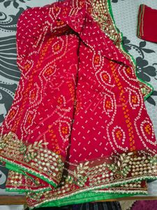 Red Bandhani Saree with Embellishments