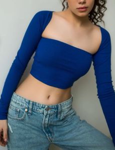 Blue Ribbed Off The Shoulder Crop Top