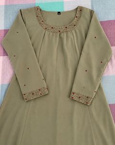 Premium Olive Green Embellished A-Line Midi Dress