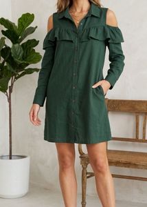 Chic Green Cold Shoulder Ruffle Dress