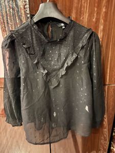 Elegant Black Sheer Top with Metallic Dots