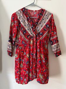 Red Floral Printed Tunic Top | V-Neck