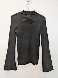 Chic Black Ribbed Bell Sleeve Top