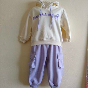 Comfortable Cream Hoodie &amp; Lilac Cargo Pants Set