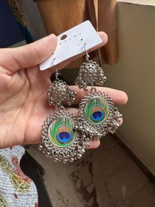 Peacock Feather Jhumka Earrings with other three