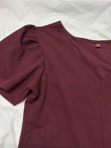 Maroon Puff Sleeve Tie-Back Top