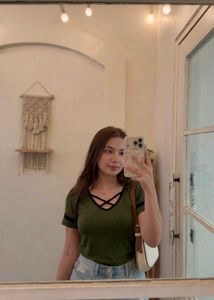 Criss-Cross Neck Olive Green T-Shirt