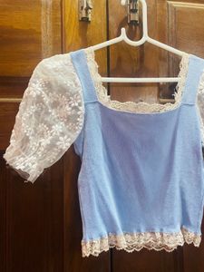 Blue Puff Sleeve Lace Crop Top