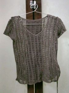 Crochet Knit V-Neck Top