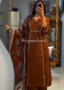 Brown Embroidered Kurta Set with Dupatta