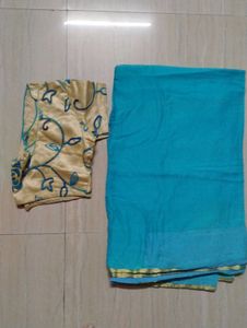Beautiful Teal Saree with Embroidered Blouse