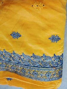 Yellow Saree with Blue Embroidery