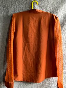 Elegant Copper Satin Blouse with Mesh Detail