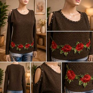 Brown Cold Shoulder Top with Rose Embellishment