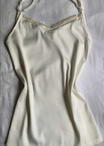 Cream Satin Camisole Top with Pearl Detail