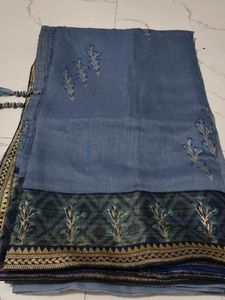 Blue Embroidered Saree with Tassels