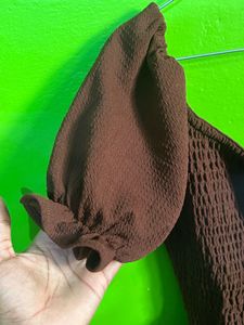 Stylish Brown Smocked Puff Sleeve Dress