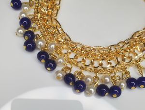 Elegant Gold Bracelet with Blue &amp; Pearl Beads