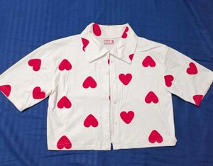 Cute White Heart Print Button-Up Shirt