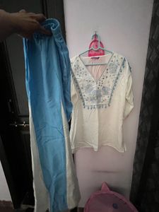 Elegant White &amp; Blue Kurta Set with Embroidery