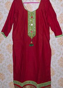 Red Kurta with Embellished Neckline