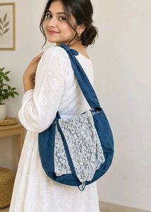 Denim Shoulder Bag with Lace Accent