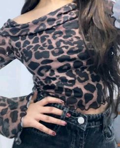 Sheer Leopard Print Off-Shoulder Top