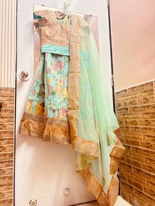 Pastel green lehenga with golden sequin blouse