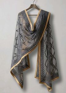 Elegant Grey Net Dupatta with Gold Border