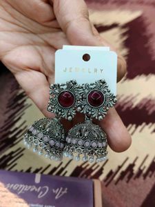 Oxidised Silver Jhumka Earrings with Red Stone