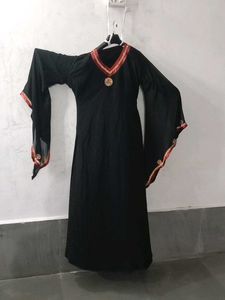 Elegant Black Abaya with Red &amp; Gold Trim