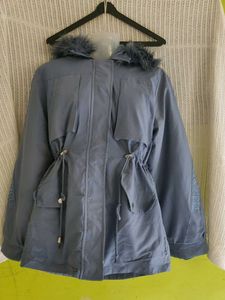 Stylish Blue Fur Hooded Coat