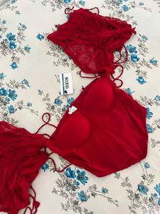 Red Off-Shoulder Corset Top with Tassels