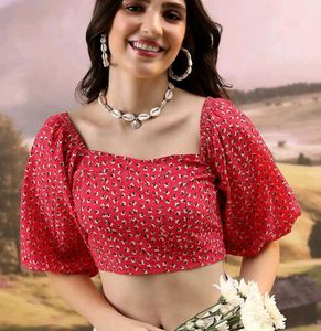 Red Floral Puff Sleeve Crop Top