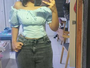 Light Blue Off-Shoulder Puff Sleeve Top