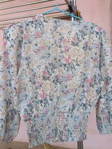 Floral Ruffled V-Neck Smocked Blouse