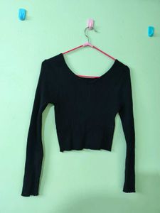 Black Ribbed Cropped Long Sleeve Top